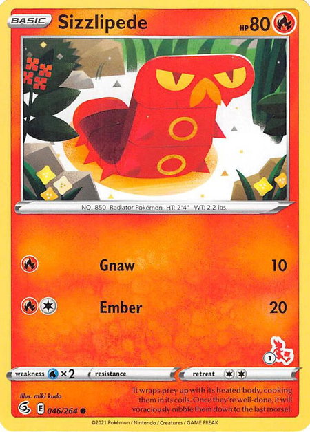 Sizzlipede - 046/264 (#1 Cinderace Stamped) trading card from Battle Academy 2022 Sizzlipede - 046/264 (#1 Cinderace Stamped) - Battle Academy 2022 Pokémon trading card