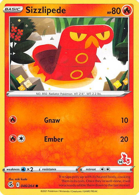 Sizzlipede - 046/264 (#14 Cinderace Stamped) trading card from Battle Academy 2022 Sizzlipede - 046/264 (#14 Cinderace Stamped) - Battle Academy 2022 Pokémon trading card