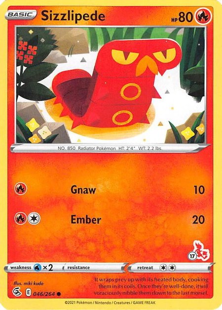 Sizzlipede - 046/264 (#17 Cinderace Stamped) trading card from Battle Academy 2022 Sizzlipede - 046/264 (#17 Cinderace Stamped) - Battle Academy 2022 Pokémon trading card