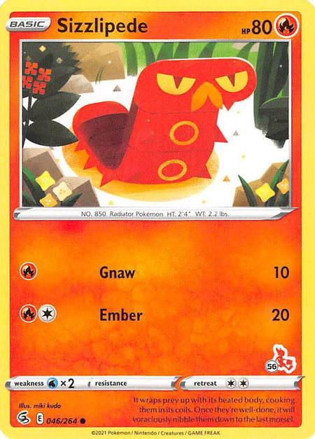 Sizzlipede - 046/264 (#56 Cinderace Stamped) trading card from Battle Academy 2022 Sizzlipede - 046/264 (#56 Cinderace Stamped) - Battle Academy 2022 Pokémon trading card