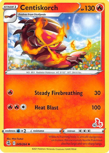 Centiskorch - 049/264 (#15 Cinderace Stamped) trading card from Battle Academy 2022 Centiskorch - 049/264 (#15 Cinderace Stamped) - Battle Academy 2022 Pokémon trading card
