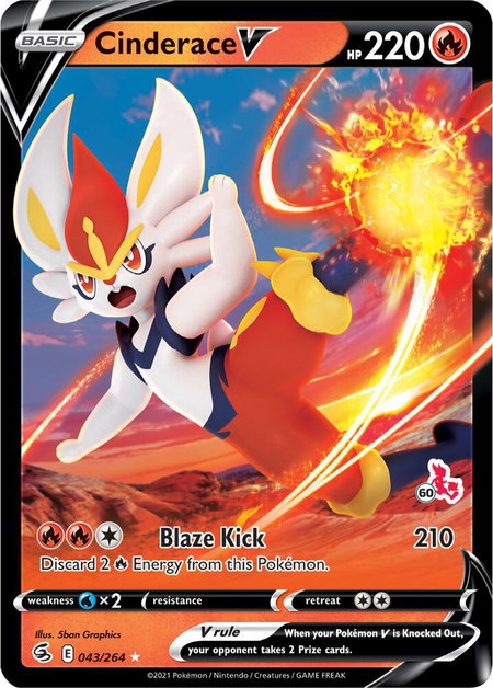 Cinderace V - 043/264 (#60 Cinderace Stamped) trading card from Battle Academy 2022 Cinderace V - 043/264 (#60 Cinderace Stamped) - Battle Academy 2022 Pokémon trading card
