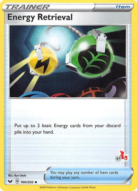 Energy Retrieval - 160/202 (#37 Cinderace Stamped) trading card from Battle Academy 2022 Energy Retrieval - 160/202 (#37 Cinderace Stamped) - Battle Academy 2022 Pokémon trading card