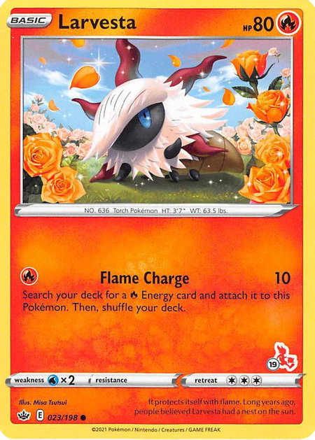 Larvesta - 023/198 (#19 Cinderace Stamped) trading card from Battle Academy 2022 Larvesta - 023/198 (#19 Cinderace Stamped) - Battle Academy 2022 Pokémon trading card