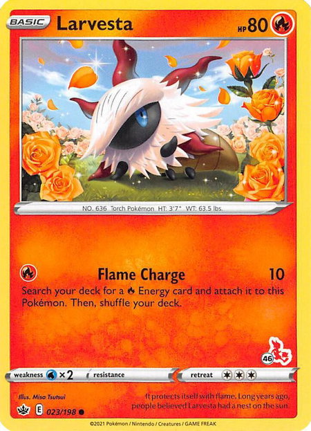 Larvesta - 023/198 (#46 Cinderace Stamped) trading card from Battle Academy 2022 Larvesta - 023/198 (#46 Cinderace Stamped) - Battle Academy 2022 Pokémon trading card
