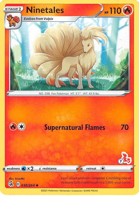 Ninetales - 030/264 (#7 Cinderace Stamped) trading card from Battle Academy 2022 Ninetales - 030/264 (#7 Cinderace Stamped) - Battle Academy 2022 Pokémon trading card