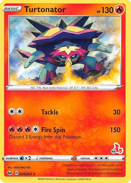 Turtonator - 029/202 (#39 Cinderace Stamped) trading card from Battle Academy 2022 Turtonator - 029/202 (#39 Cinderace Stamped) - Battle Academy 2022 Pokémon trading card