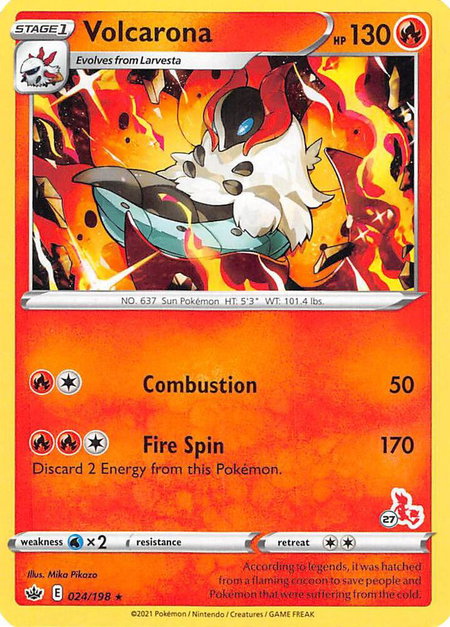 Volcarona - 024/198 (#27 Cinderace Stamped) trading card from Battle Academy 2022 Volcarona - 024/198 (#27 Cinderace Stamped) - Battle Academy 2022 Pokémon trading card