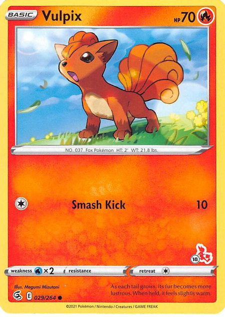 Vulpix - 029/264 (#18 Cinderace Stamped) trading card from Battle Academy 2022 Vulpix - 029/264 (#18 Cinderace Stamped) - Battle Academy 2022 Pokémon trading card