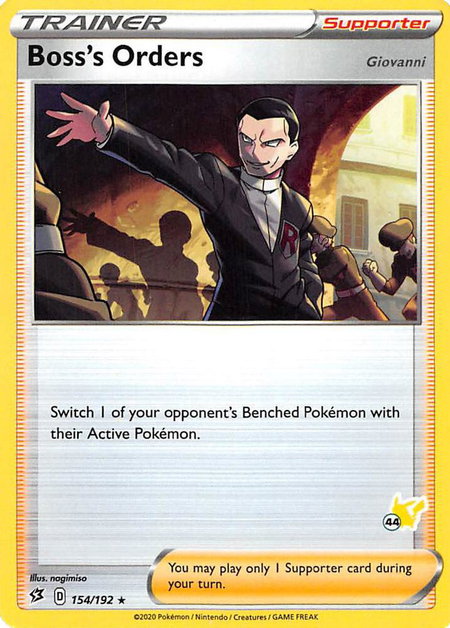 Boss's Orders - 154/192 (#44 Pikachu Stamped) trading card from Battle Academy 2022 Boss's Orders - 154/192 (#44 Pikachu Stamped) - Battle Academy 2022 Pokémon trading card