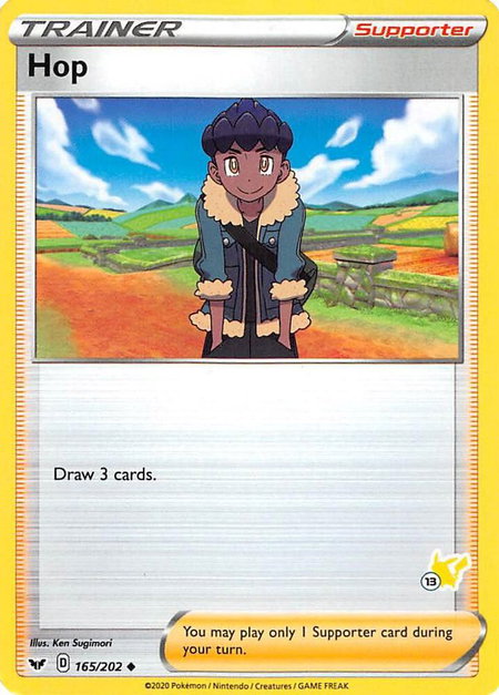 Hop - 165/202 (#13 Pikachu Stamped) trading card from Battle Academy 2022 Hop - 165/202 (#13 Pikachu Stamped) - Battle Academy 2022 Pokémon trading card