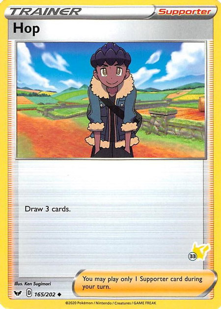 Hop - 165/202 (#33 Pikachu Stamped) trading card from Battle Academy 2022 Hop - 165/202 (#33 Pikachu Stamped) - Battle Academy 2022 Pokémon trading card