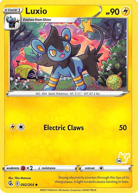 Luxio - 092/264 (#14 Pikachu Stamped) trading card from Battle Academy 2022 Luxio - 092/264 (#14 Pikachu Stamped) - Battle Academy 2022 Pokémon trading card