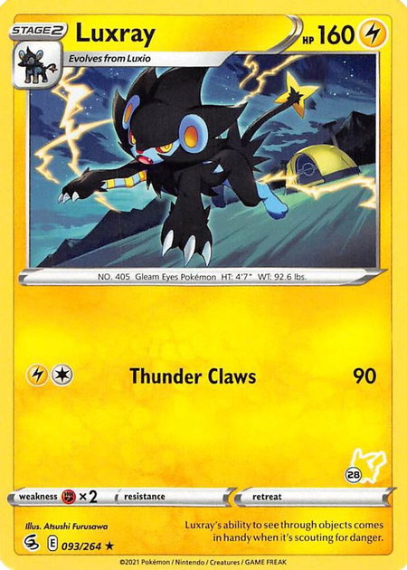 Luxray - 093/264 (#28 Pikachu Stamped) trading card from Battle Academy 2022 Luxray - 093/264 (#28 Pikachu Stamped) - Battle Academy 2022 Pokémon trading card