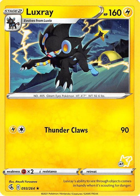 Luxray - 096/264 (#47 Pikachu Stamped) trading card from Battle Academy 2022 Luxray - 096/264 (#47 Pikachu Stamped) - Battle Academy 2022 Pokémon trading card