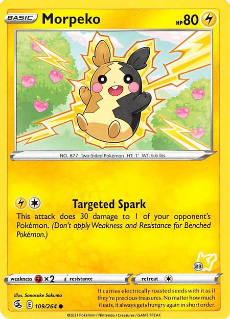 Morpeko - 109/264 (#23 Pikachu Stamped) trading card from Battle Academy 2022 Morpeko - 109/264 (#23 Pikachu Stamped) - Battle Academy 2022 Pokémon trading card