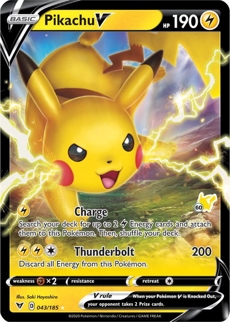 Pikachu V - 043/185 (#60 Pikachu Stamped) trading card from Battle Academy 2022 Pikachu V - 043/185 (#60 Pikachu Stamped) - Battle Academy 2022 Pokémon trading card