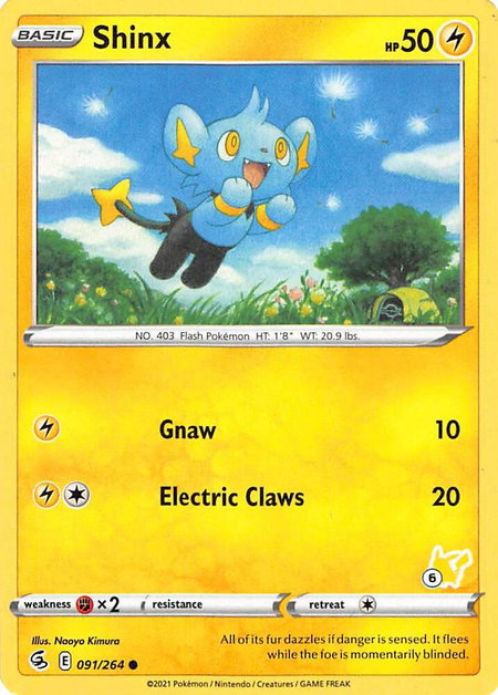 Shinx - 091/264 (#6 Pikachu Stamped) trading card from Battle Academy 2022 Shinx - 091/264 (#6 Pikachu Stamped) - Battle Academy 2022 Pokémon trading card