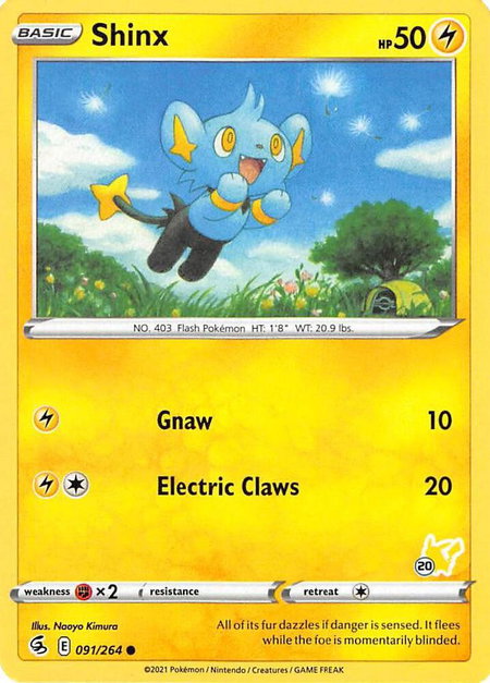 Shinx - 091/264 (#20 Pikachu Stamped) trading card from Battle Academy 2022 Shinx - 091/264 (#20 Pikachu Stamped) - Battle Academy 2022 Pokémon trading card