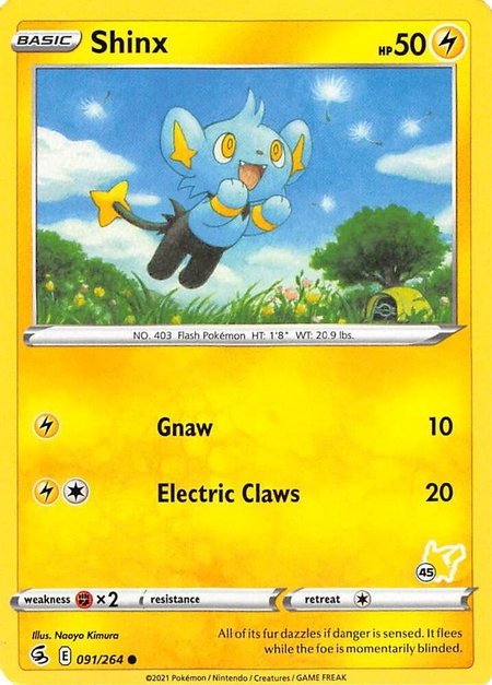 Shinx - 091/264 (#45 Pikachu Stamped) trading card from Battle Academy 2022 Shinx - 091/264 (#45 Pikachu Stamped) - Battle Academy 2022 Pokémon trading card