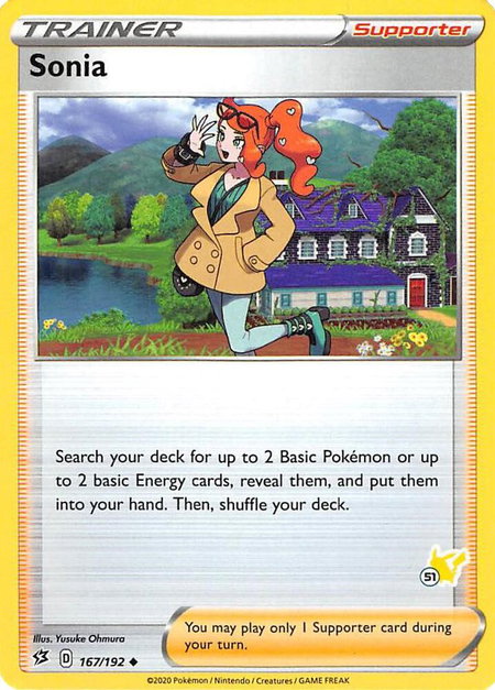Sonia - 167/192 (#51 Pikachu Stamped) trading card from Battle Academy 2022 Sonia - 167/192 (#51 Pikachu Stamped) - Battle Academy 2022 Pokémon trading card