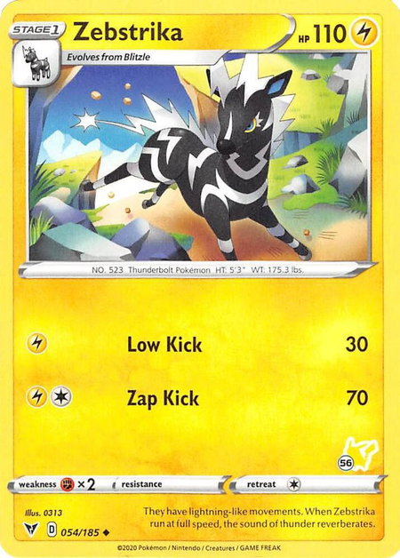 Zebstrika - 054/185 (#56 Pikachu Stamped) trading card from Battle Academy 2022 Zebstrika - 054/185 (#56 Pikachu Stamped) - Battle Academy 2022 Pokémon trading card