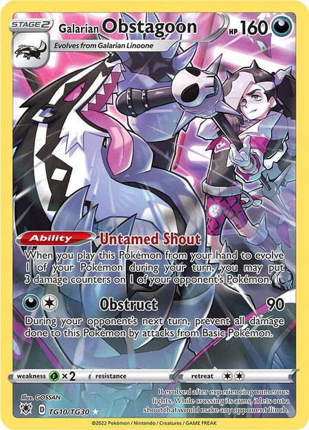 Galarian Obstagoon trading card from SWSH10: Astral Radiance Trainer Gallery Galarian Obstagoon - SWSH10: Astral Radiance Trainer Gallery Pokémon trading card