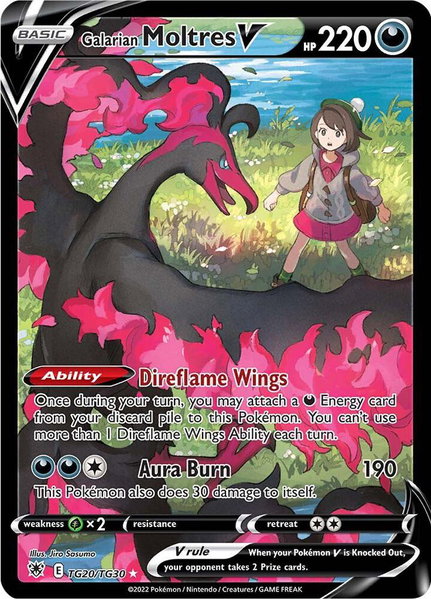 Galarian Moltres V trading card from SWSH10: Astral Radiance Trainer Gallery Galarian Moltres V - SWSH10: Astral Radiance Trainer Gallery Pokémon trading card