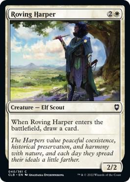 Roving Harper trading card from Commander Legends: Battle for Baldur's Gate Roving Harper - Commander Legends: Battle for Baldur's Gate Magic: The Gathering trading card