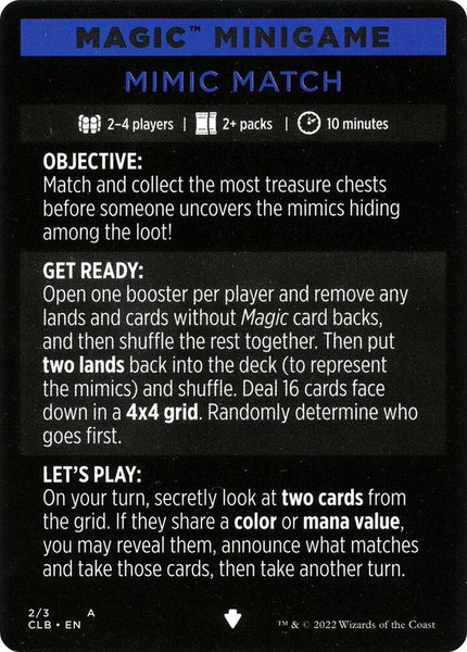 Magic Minigame: Mimic Match trading card from Commander Legends: Battle for Baldur's Gate Magic Minigame: Mimic Match - Commander Legends: Battle for Baldur's Gate Magic: The Gathering trading card