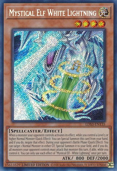Mystical Elf White Lightning trading card from Legendary Duelists: Season 3 Mystical Elf White Lightning - Legendary Duelists: Season 3 YuGiOh trading card
