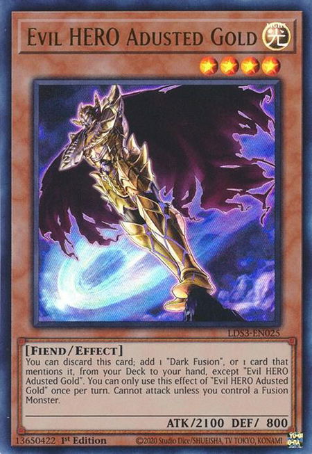Evil HERO Adusted Gold trading card from Legendary Duelists: Season 3 Evil HERO Adusted Gold - Legendary Duelists: Season 3 YuGiOh trading card
