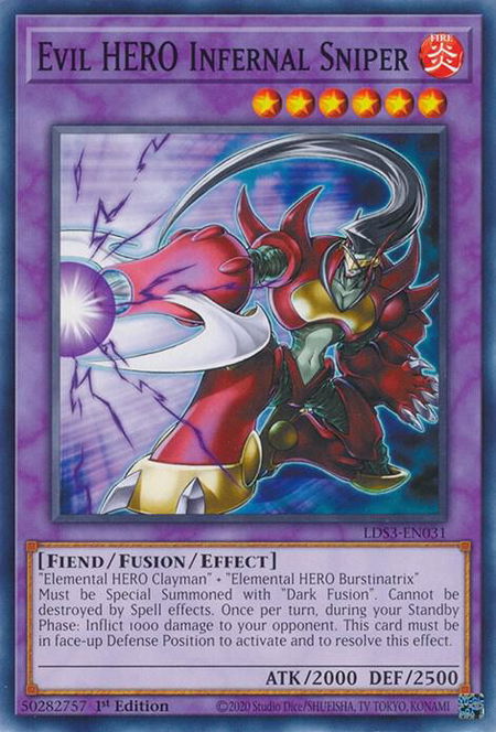 Evil HERO Infernal Sniper trading card from Legendary Duelists: Season 3 Evil HERO Infernal Sniper - Legendary Duelists: Season 3 YuGiOh trading card