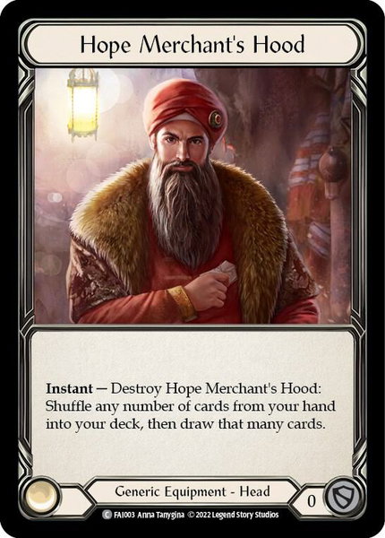 Hope Merchant's Hood trading card from Blitz Deck: Uprising - Fai Hope Merchant's Hood - Blitz Deck: Uprising - Fai Flesh and Blood trading card