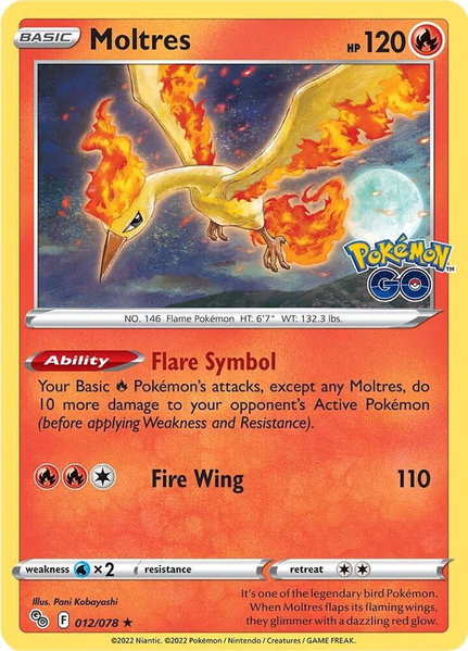 Moltres trading card from Pokemon GO Moltres - Pokemon GO Pokémon trading card