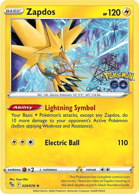 Zapdos trading card from Pokemon GO Zapdos - Pokemon GO Pokémon trading card
