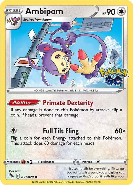 Ambipom trading card from Pokemon GO Ambipom - Pokemon GO Pokémon trading card