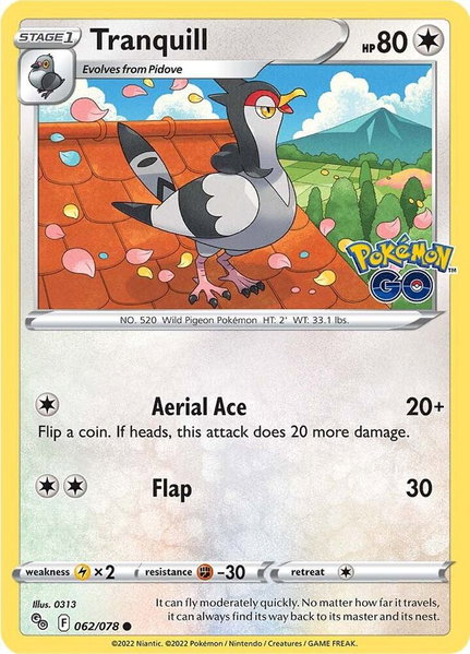 Tranquill trading card from Pokemon GO Tranquill - Pokemon GO Pokémon trading card