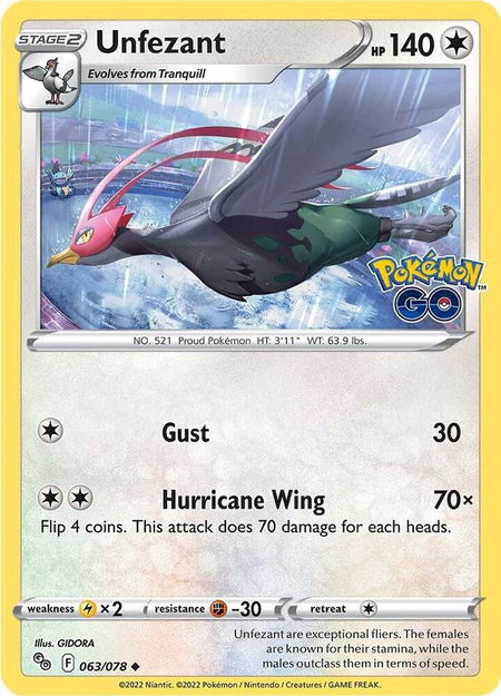 Unfezant trading card from Pokemon GO Unfezant - Pokemon GO Pokémon trading card