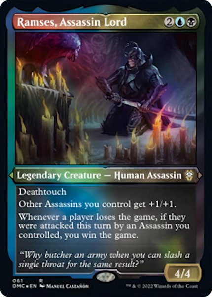 Ramses, Assassin Lord (Foil Etched) trading card from Commander: Dominaria United Ramses, Assassin Lord (Foil Etched) - Commander: Dominaria United Magic: The Gathering trading card