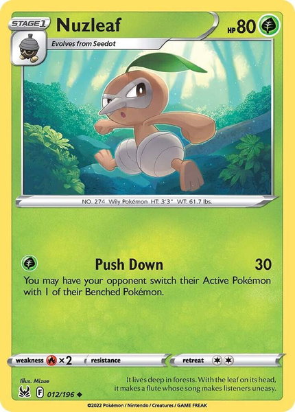 Nuzleaf trading card from SWSH11: Lost Origin Nuzleaf - SWSH11: Lost Origin Pokémon trading card