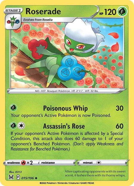 Roserade trading card from SWSH11: Lost Origin Roserade - SWSH11: Lost Origin Pokémon trading card
