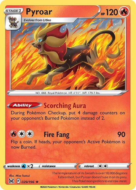 Pyroar trading card from SWSH11: Lost Origin Pyroar - SWSH11: Lost Origin Pokémon trading card