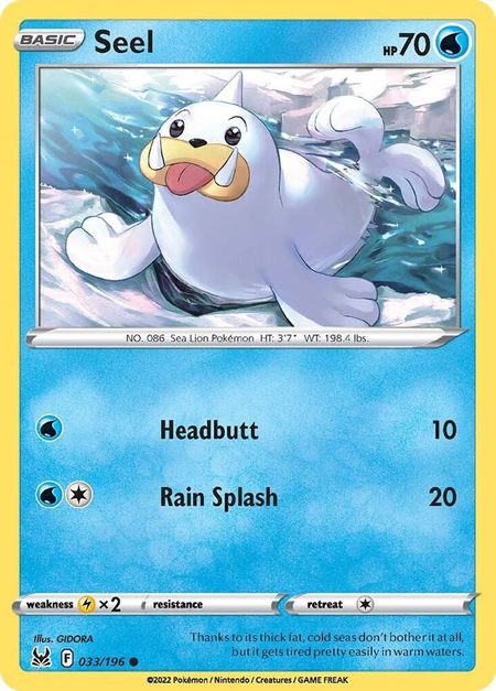 Seel trading card from SWSH11: Lost Origin Seel - SWSH11: Lost Origin Pokémon trading card