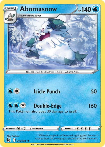 Abomasnow trading card from SWSH11: Lost Origin Abomasnow - SWSH11: Lost Origin Pokémon trading card