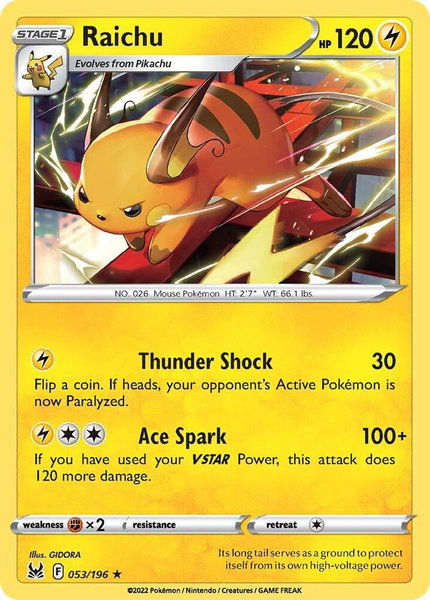 Raichu trading card from SWSH11: Lost Origin Raichu - SWSH11: Lost Origin Pokémon trading card