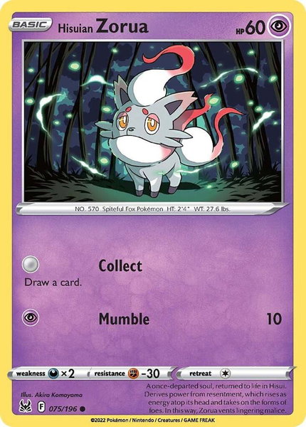 Hisuian Zorua trading card from SWSH11: Lost Origin Hisuian Zorua - SWSH11: Lost Origin Pokémon trading card