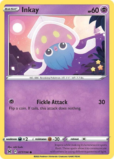 Inkay (077) trading card from SWSH11: Lost Origin Inkay (077) - SWSH11: Lost Origin Pokémon trading card