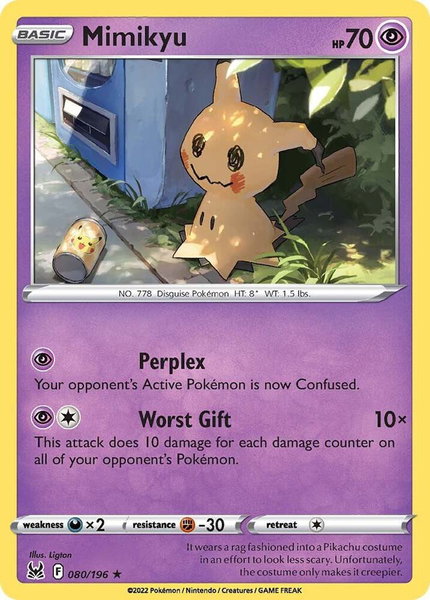 Mimikyu trading card from SWSH11: Lost Origin Mimikyu - SWSH11: Lost Origin Pokémon trading card