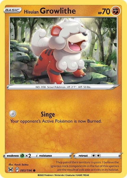 Hisuian Growlithe trading card from SWSH11: Lost Origin Hisuian Growlithe - SWSH11: Lost Origin Pokémon trading card
